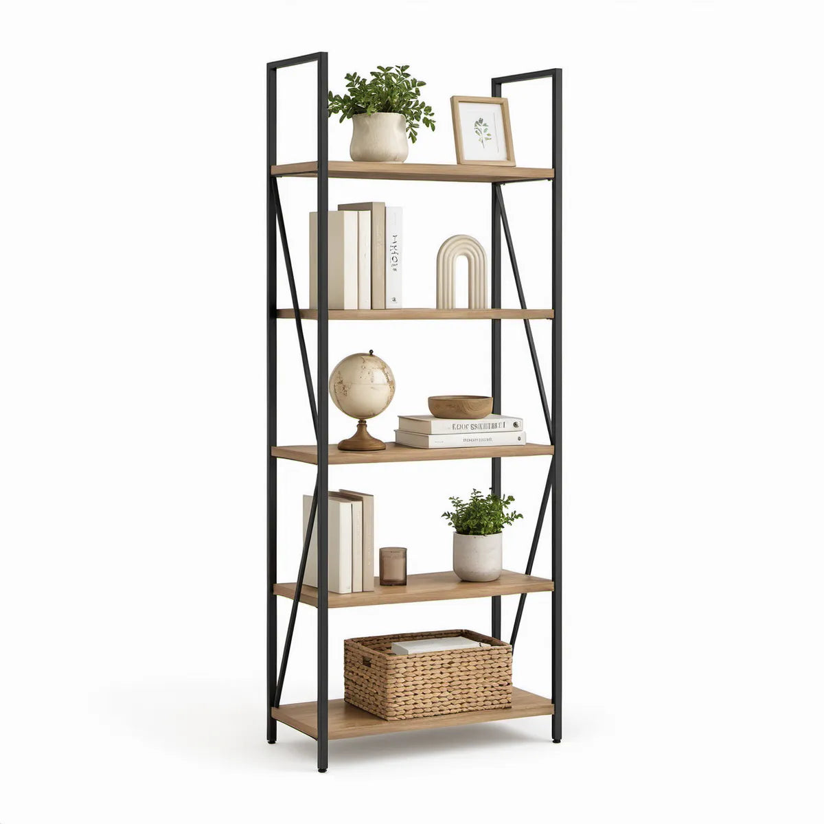 Knihovna s 5 policemi, 60 × 30 × 180 cm, MDF a ocel, dubová/černá